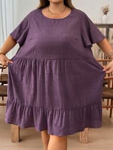 SHEIN CURVE+ 大码女式纯色圆领短袖荷叶边下摆休闲连衣裙 - 淡紫色 - 查看 3
