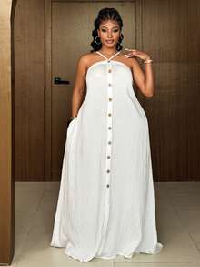 Maweii Plus Size Women's Solid Color Button Design Halter Romantic Vacation Dress - White - View 4