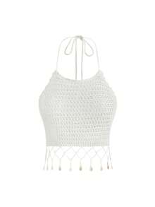 ROMWE Avant Women's Halter Tie Knit Top With Shell Decor, Fashionable & Versatile For Dating And Outings - Apricot - View 1