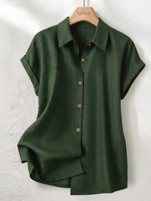 SHEIN Franclia 女士休闲度假通勤纯色蝙蝠袖单排扣宽松衬衫，夏季 - 墨綠色 - 查看 1