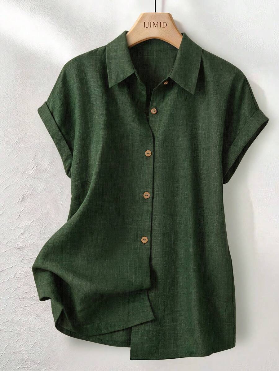 SHEIN Franclia 女士休闲度假通勤纯色蝙蝠袖单排扣宽松衬衫,夏季 - 墨綠色 - 查看 1