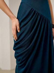 ZEYLAH FASHIONABLE CREW NECK SLEEVELESS DRAPED PLEATED KNIT DRESS, SPRING/SUMMER - Teal Blue - View 3
