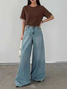 DAZY 女士夏季圆领短袖蕾丝拼接休闲套头T恤 - 咖啡棕 - 查看 4