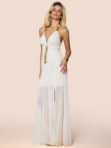 Olia Maree Women's Elegant Summer White Gold Halter Deep V-Neck Sheer Mesh Dress,Ruched Waist Gold Chain Decor Front Slit Hem,Party Night Formal Evening Dresses - Apricot - View 4