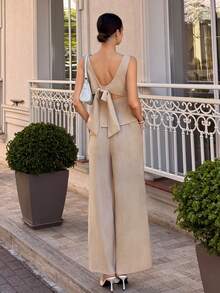 Siren Gaze 2pcs Women Elegant Bow Backless Top And Casual Straight Leg Pants Set,Beige,Summer,Tea Party,Daily Wear,Business Casual,Teacher Attire,Office Wear - Apricot - View 2