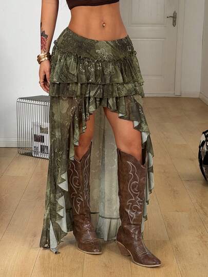 Coolane Falda plisada irregular de malla blanca con dobladillo para mujer, estilo hippie boho western, Y2K, Fairycore, para festivales de música de verano