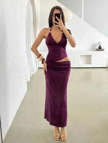 Firerie Đầm maxi ôm sát màu đỏ tía thanh lịch dành cho nữ, thích hợp cho mùa xuân/hè, lãng mạn, gợi cảm, dự tiệc, lễ hội âm nhạc, kỳ nghỉ, cổ chữ V, đính kim loại, dây buộc cổ, hở lưng, eo khoét sâu. - Màu đỏ tím - Xem 7