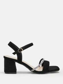 CUCCOO CURVES Women Shoes Women's Square Toe Black Strap With Rhinestone Strap Design Daily Versatile Fashion Wide Last High Sandals - Black - View 2