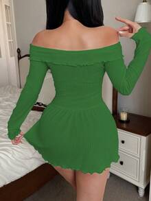 SweetSlumber Off Shoulder Jacquard Knit Casual Dress For Women - Green - View 2