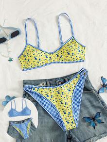 SHEIN Swim Vcay Bộ bikini hai dây họa tiết hoa kẻ caro gợi cảm, thích hợp cho kỳ nghỉ hè trên bãi biển, có thể mặc hai mặt. - Nhiều màu - Xem 2