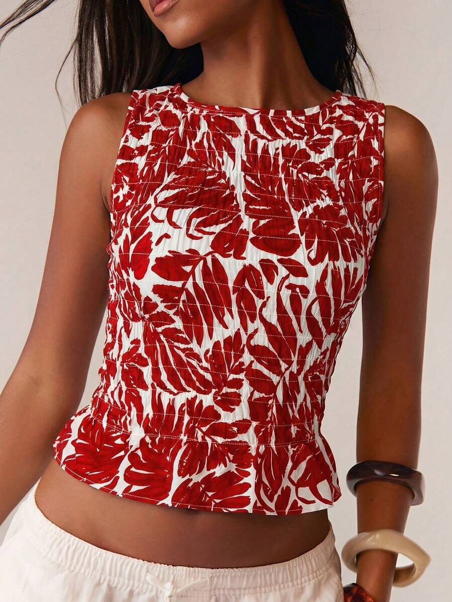 Athîral 女士全印花休闲百搭无袖上衣，适合日常穿着 - 紅色 - 查看 1