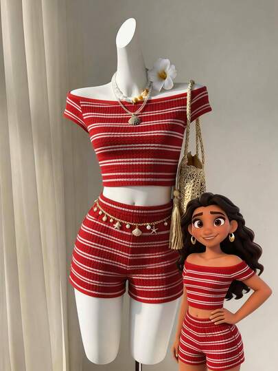 Bộ đồ mùa hè thoải mái cho bé gái tuổi teen: Áo và quần short cổ lệch màu in sọc, họa tiết kẻ sọc, phối màu, kiểu dáng thường ngày, gồm áo và quần.