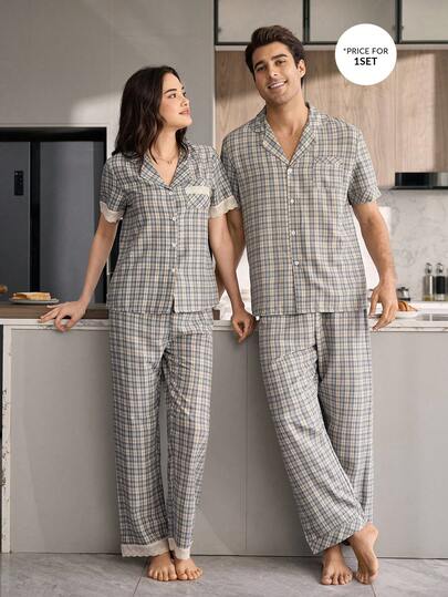 CoupledUp Klasik Erkek Ekose Desenli Yakalı Kısa Kollu Gömlek ve Pantolon Pijama Takımı