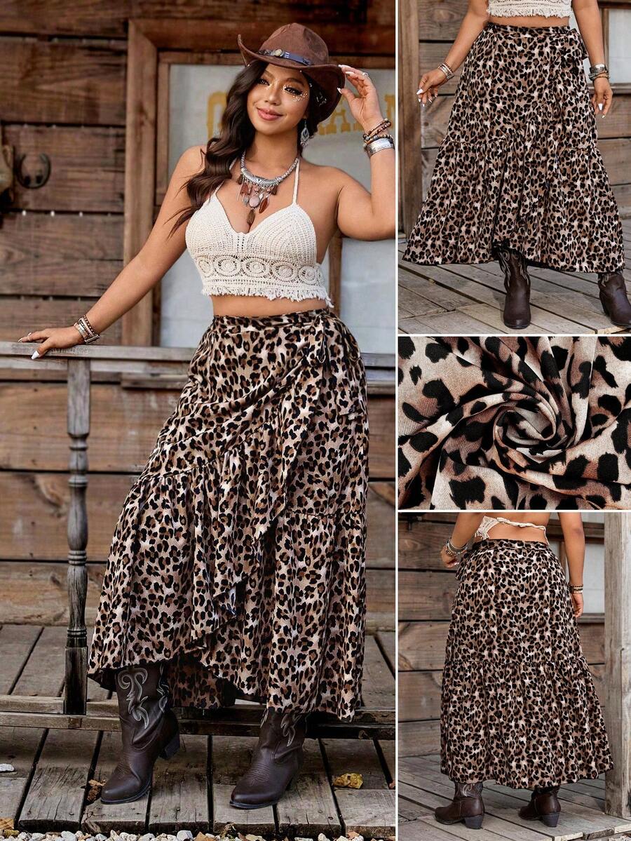 SHEIN LUNE Jupe élégante à imprimé léopard avec lien à la taille pour femmes grande taille - Tabac - Voir 1