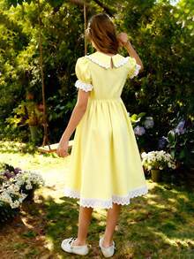 Sparklyn Vestidos blancos para niñas preadolescentes con cuello Peter Pan, mangas de pétalos, cintura ceñida y decoración de lazo - Amarillo - Ver 2