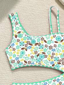 SHEIN Tween Girl Piece Swimsuit New Summer Fresh Floral Print Asymmetrical Design Kids Bathing Suit Baby High Elastic Breathable Quick Dry Beach Vacation Hot Spring Water Play Swimwear For Big Kids Parent-Child Swimming Gear - Green - View 3