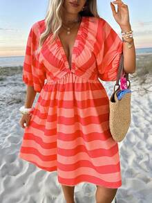 Vionelle Plus Size Women's Deep V Neck Knee Length A Line Dress Orange Plaid Batwing Sleeve Frill Details - Orange - View 3