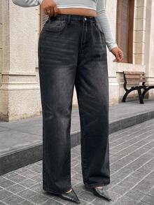 Hourglow Allicaitlin Plus Size Casual Daily Wear Straight Leg Boyfriend Jeans, For Hourglass Body Shape - Black - View 4