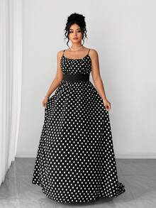 Elenzga Vestido largo de lunares de mujer de talla grande sin mangas, elegante estilo de fiesta, fondo negro - Blanco y Negro - Ver 3