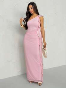 SHEIN PETITE 不对称褶皱露背长款网纱荷叶边连衣裙，优雅度假沙滩裙，春夏款 - 淺粉色 - 查看 3