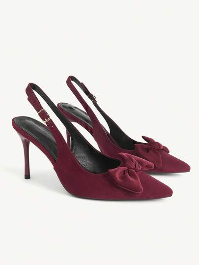 CUCCOO CHICEST Women Shoes Spring And Summer New Women's High Heel Shoes Bow Decoration Pointed Thin Heel Back Slingback Buckle 9cm Elegant Temperament Burgundy Suede Solid Color Dating Party Daily Versatile Women's Shoes