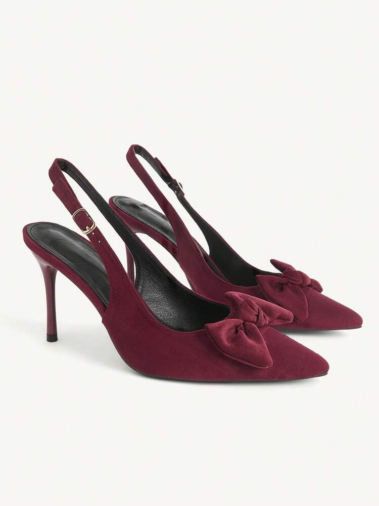 CUCCOO CHICEST Women Shoes Spring And Summer New Women's High Heel Shoes Bow Decoration Pointed Thin Heel Back Slingback Buckle 9cm Elegant Temperament Burgundy Suede Solid Color Dating Party Daily Versatile Women's Shoes