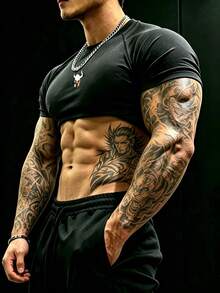GymBeat Men's Fashionable Helmet Print Round Neck Raglan Sleeve Sports T-Shirt, Summer - Black - View 5