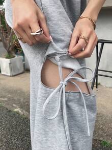FRIFUL 女士纯色弹力腰镂空阔腿裤 - 灰色 - 查看 1