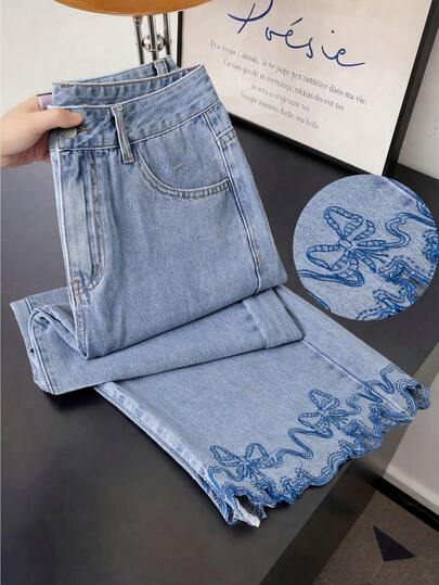 GlowEve 女士休闲日常蝴蝶结刺绣斜插口袋牛仔裤