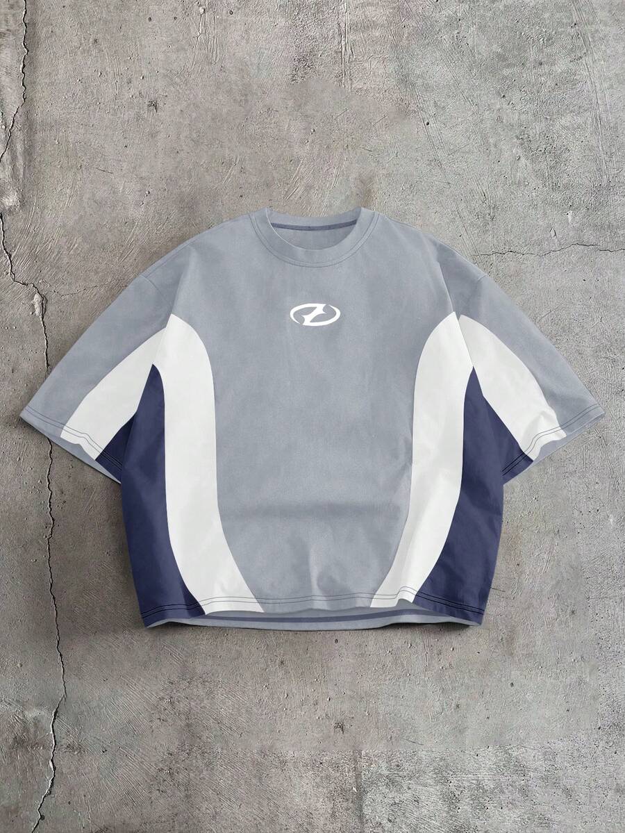 AXEPEAK Kaos Pria Lengan Pendek Leher Bulat Motif Geometris Kasual Serbaguna - Baby Blue - View 1