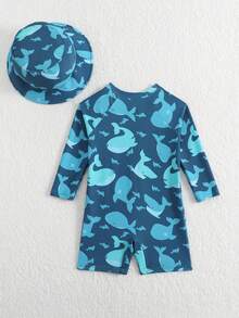 SHEIN Infant/Baby BoyWhale Print Long Sleeve Rash Guard Swimsuit With Sun Protection Wide Brim Hat - Green - View 2