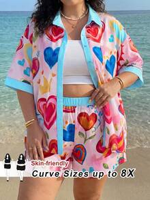 SHEIN CURVE+ 2026新款大码女式两件套印花度假衬衫和短裤，女士度假服装/沙滩装/海滩装/海滩度假装/海滩必备/毕业典礼/下午茶派对装，两件套夏季服装/乡村/海滩度假装/沙滩装 - 彩色 - 查看 7