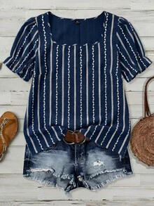 SHEIN VCAY Plus Size Embroidery-Look Print Square Neck Casual Versatile Short Sleeve Shirt, Summer - Navy Blue - View 1