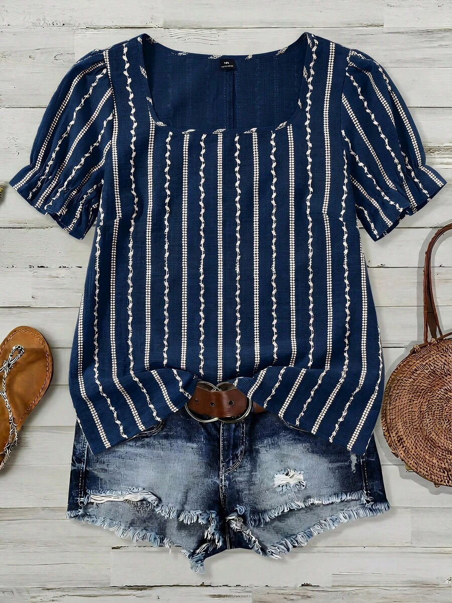 SHEIN VCAY Plus Size Embroidery-Look Print Square Neck Casual Versatile Short Sleeve Shirt, Summer - Navy Blue - View 1