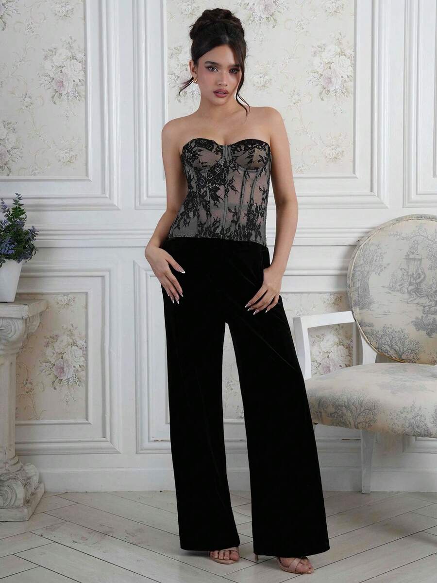 Criza Taa Women's Lace Patchwork Bandeau Top Women Lace Up Sweetheart Neckline Black Corset Top Corset Top Dress Corsets Women Tops Strapless Bodysuit Lace Tube Top Bustier Dress, Christmas - Black - View 1