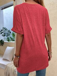 EMERY ROSE Camiseta de verano de unicolor, cuello en V, manga corta, casual, holgada, transpirable y cómoda - Rojo - Ver 2