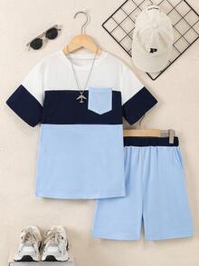 Vacaura 2pcs/Set Boys' Casual Colorblock Round Neck T-Shirt Set, Comfortable And Fashionable For Daily, School, And Sports Wear - Baby Blue - View 3