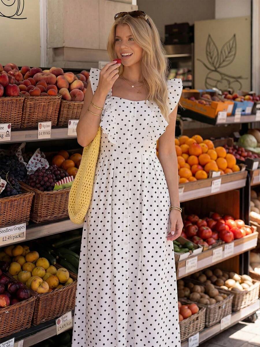 Pariaura 女士波点图案单排扣荷叶边连衣裙 - 白色 - 查看 1