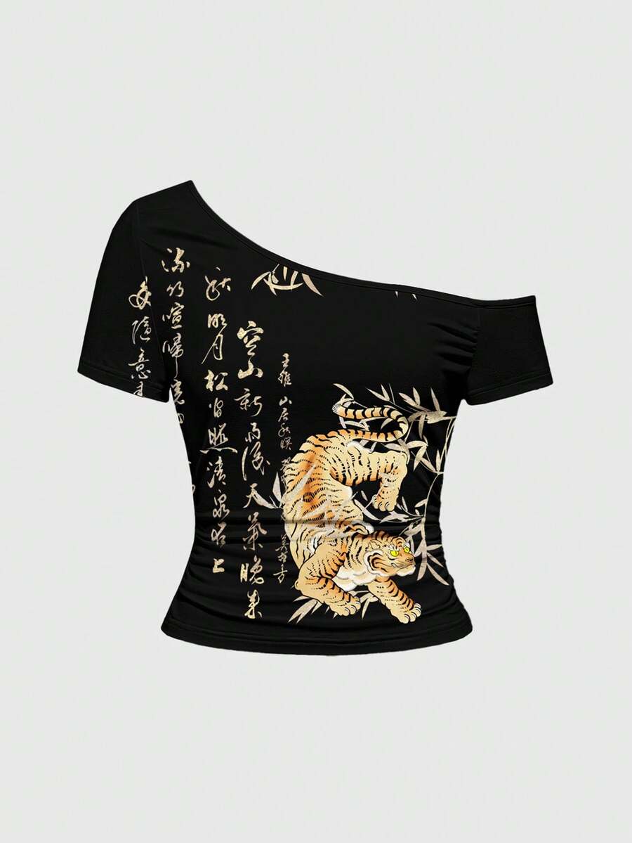 ROMWE Avant New Chinese Style Punk Edgy Sexy Asymmetric Neck Short Sleeve T-Shirt For Women - Black - View 1