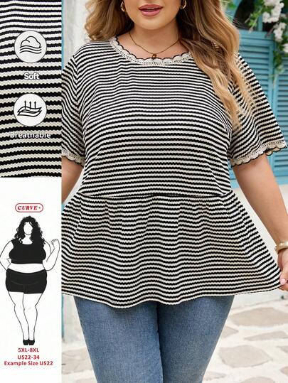 SHEIN CURVE+ 大码女式条纹宽松短袖上衣，休闲女装，大码娃娃衬衫