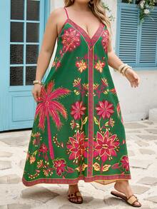 SHEIN CURVE+ 大码女式休闲印花连衣裙，适合度假、海滩穿着、嘉年华服装、婚礼宾客礼服、生日礼服、派对礼服、墨西哥风情连衣裙、波西米亚风连衣裙 - 綠色 - 查看 5