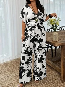 Breezaya Plus Size Summer Casual Random Print V-Neck Jumpsuit - Multicolor - View 1
