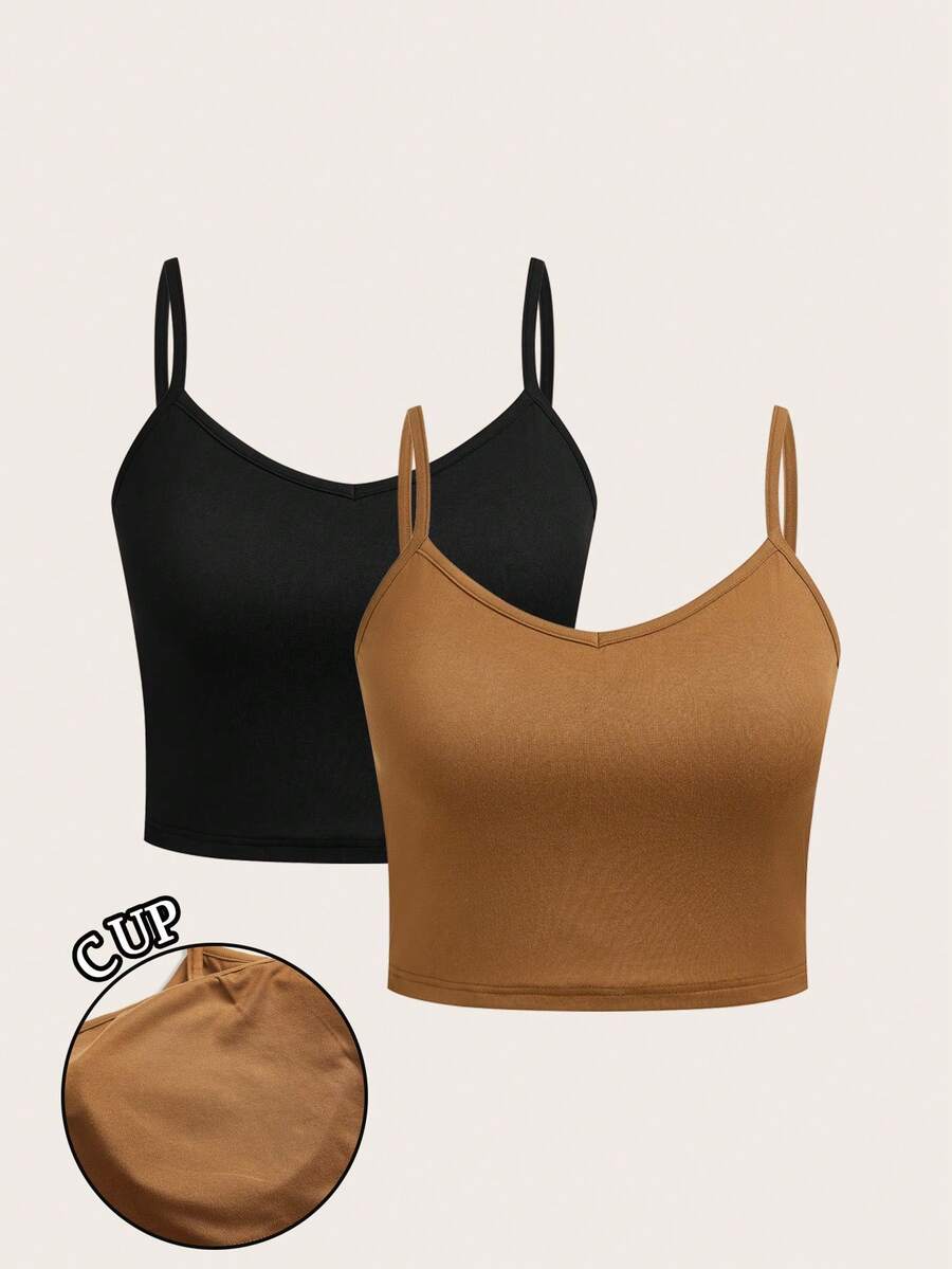 SHEIN EZwear 2件套休闲简约黑色和卡其色大码女式背心，带胸垫 - 彩色 - 查看 1