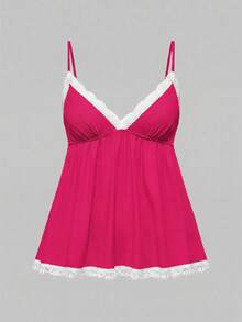 ROMWE Ribbed Lace Camisole And Shorts Casual Pajama Set - Hot Pink - View 6