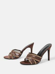 CUCCOO HITCHD Women's High-Heeled Sandals, Gold Mesh Rhinestone Trim Stiletto Muller Drag, Cross-Strapped Sequined Sandals, Dinner Date Temperament High-Heeled Slippers - Brown - View 9