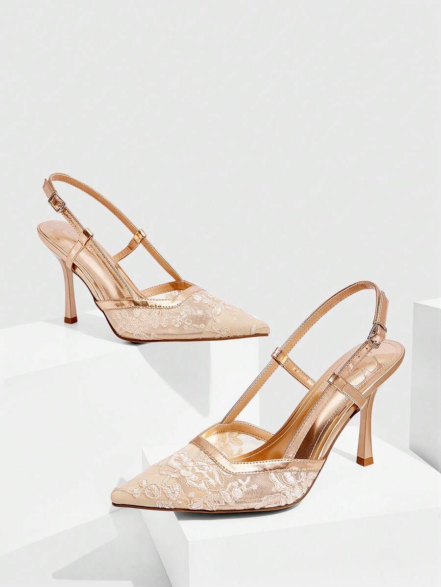 CUCCOO SZL Zapatos de tacón alto para mujer de unicolor con parches, decoración metálica, estilo casual simple, para primavera, vacaciones de primavera, Pascua, baile de graduación y Navidad - Red de hilo de bordar con champán - Ver 1