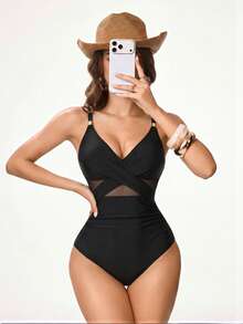 Women's Summer Vacation Casual Beach Wear Solid Black One-Piece Swimsuit Bikini With Adjustable Shoulder Straps And Tummy Control - Black - View 7