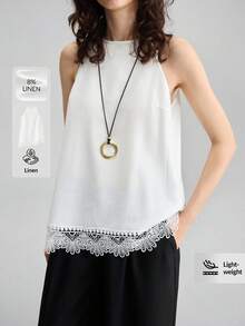 Ontre Áo hai dây không tay phối ren, vạt lệch, chất liệu vải lanh pha, dành cho nữ, thoải mái, đa năng, thích hợp đi biển, nghỉ mát, lễ hội âm nhạc, phong cách thường ngày thanh lịch. - trắng - Xem 8