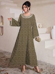 Al Najma Vestido Árabe Elegante de Manga Longa com Babado na Barra, Estampa Floral em Veludo de Seda Tecido, Primavera/Verão para Mulheres - Caqui - Visão 4