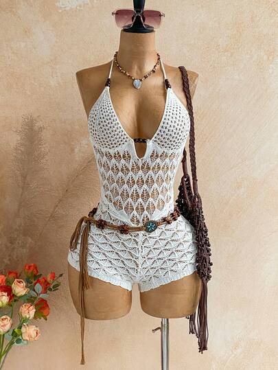 Soleia Women's Sexy Open Knit Backless Tie-Front Camisole And Shorts Set For Beach/Vacation, Summer